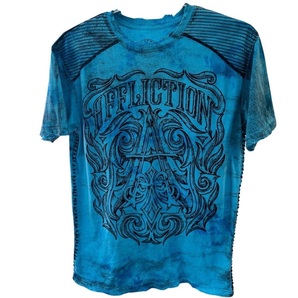 Affliction Mens Turquoise and Black Short Sleeve Tee Shirt Size Large